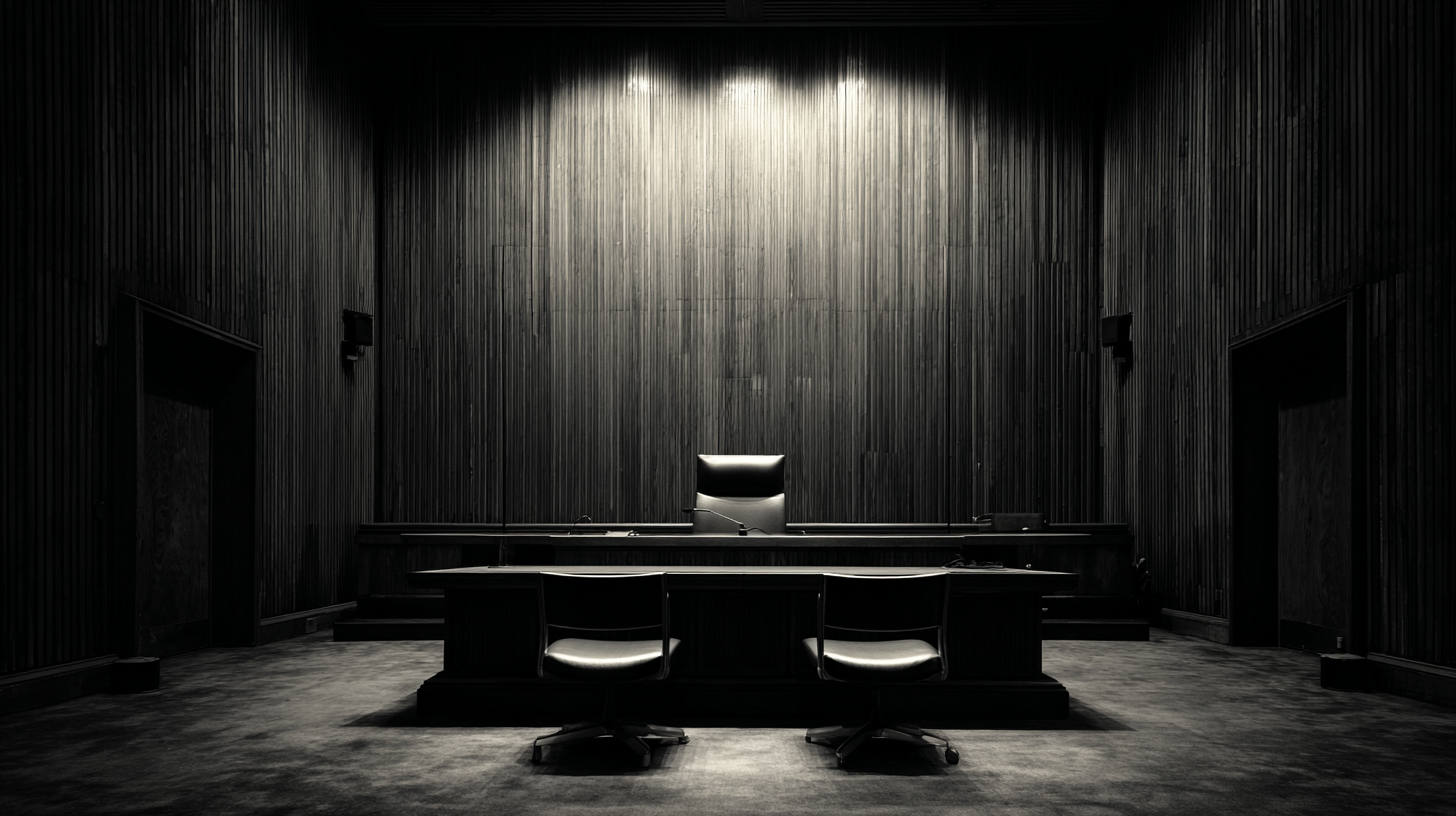 Stark, shadowy courtroom chamber with dark wood-paneled walls, a single overhead light illuminating a long bench and a solitary chair