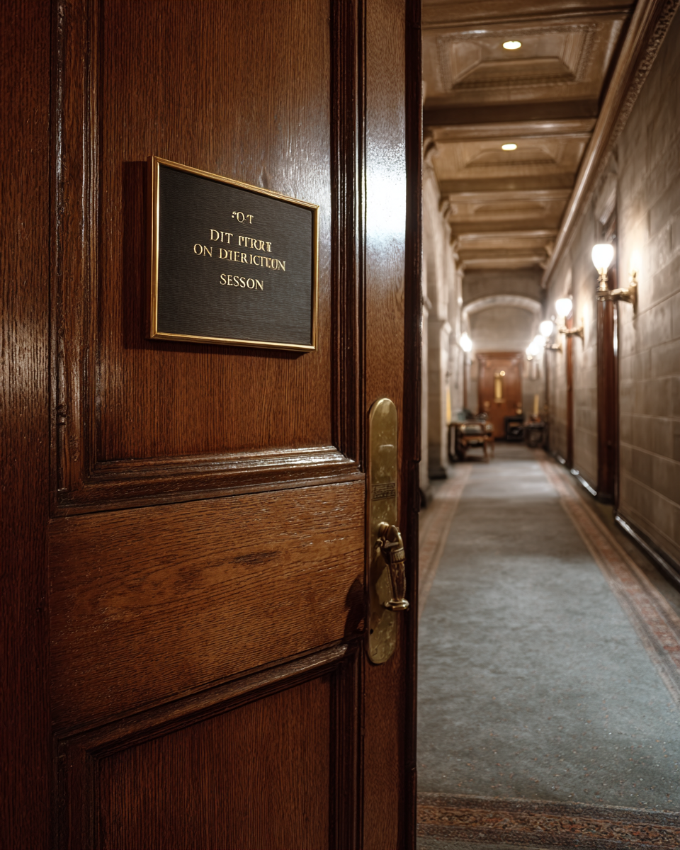 Heavy dark oak door slightly ajar, opening onto a long dimly lit wood-paneled corridor with wall sconces